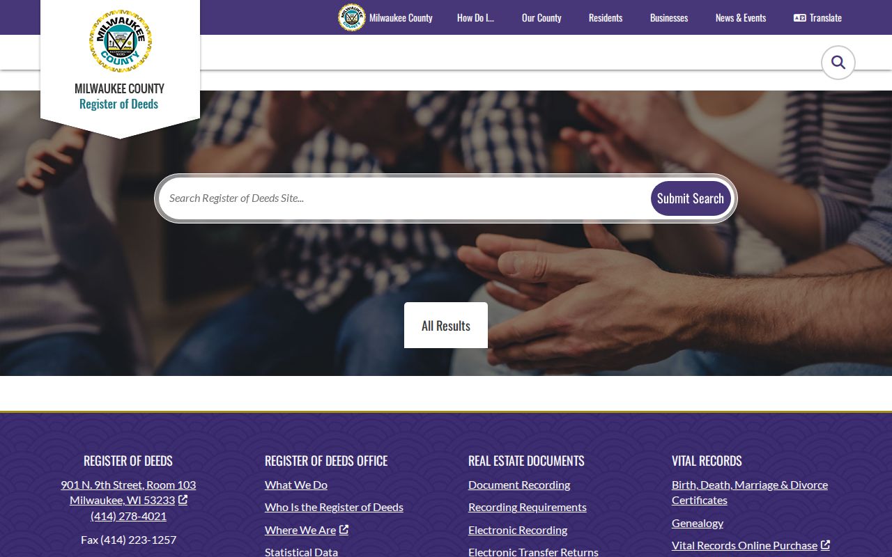 Milwaukee County Register of Deeds search page for South Milwaukee property records